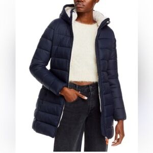 Save the Duck Women’s Navy Blue Long Puffer Parka Hooded Winter Coat Medium